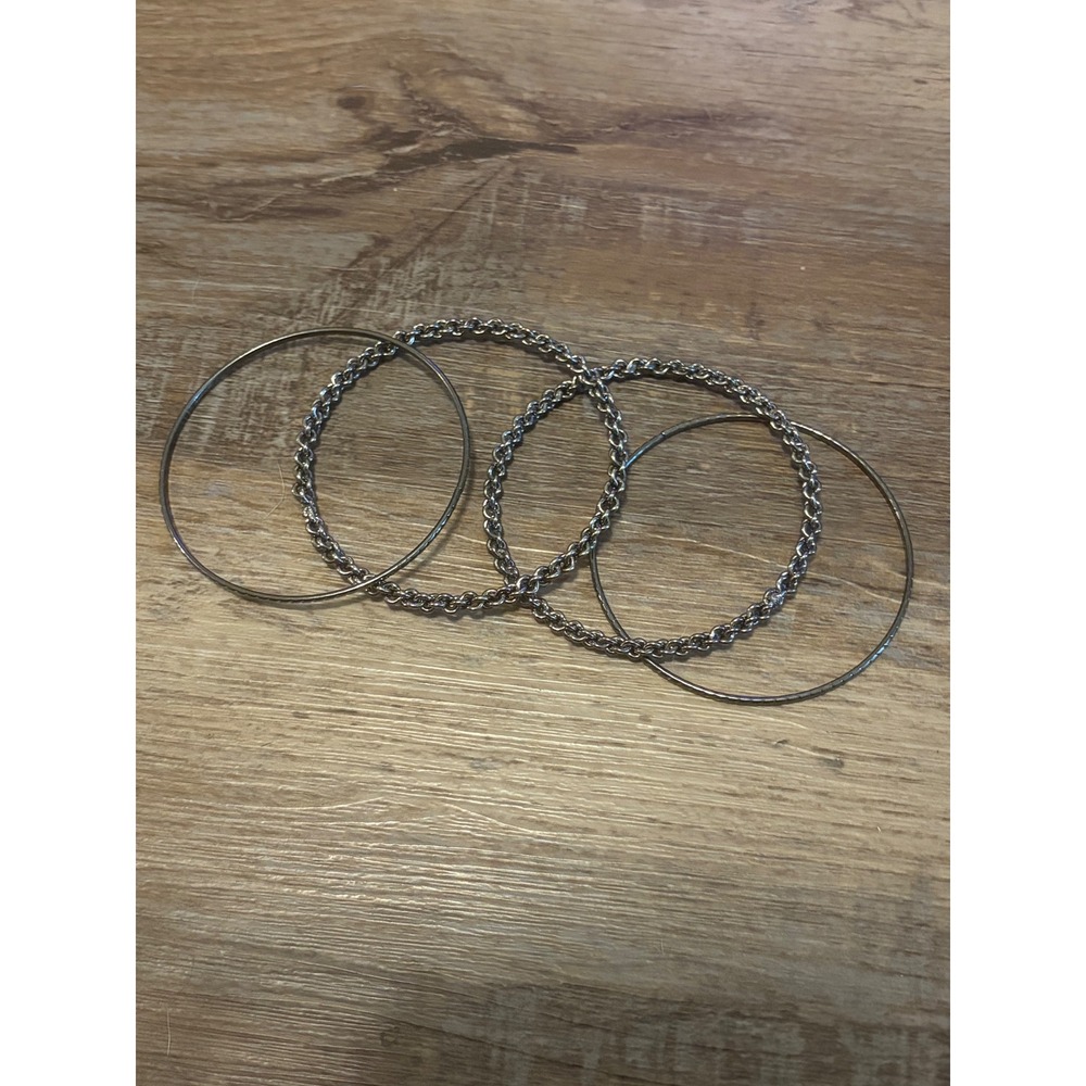 Silver Tone Bangle Bracelet Set 4 Piece Smooth and Chain Link Textured Stackable
